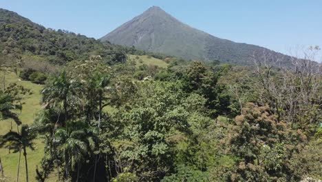 Aerial-rises-amid-flowering-tropical-jungle-trees-to-Arenal-Volcano