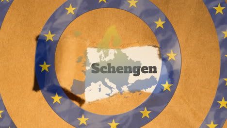 schengen text over yellow stars on moving blue circles against eu map