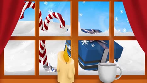 animación de vela, caña de caramelo de navidad y presente con paisajes de invierno