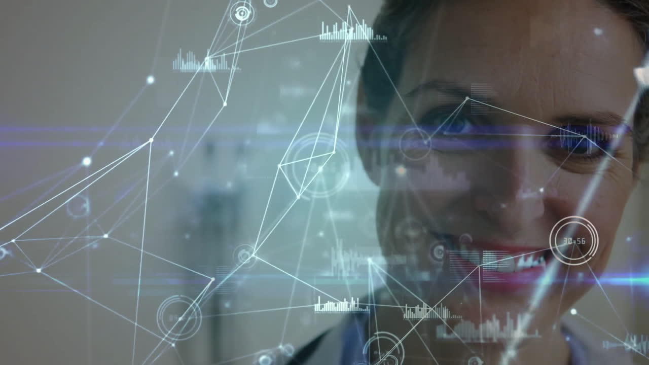animación de la red de conexiones con procesamiento de datos sobre la doctora caucásica en el hospital