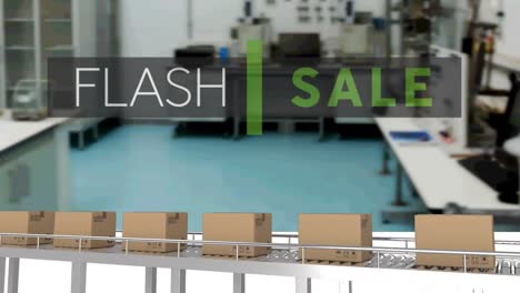 animation of flash sale text over cardboard boxes on conveyor belt