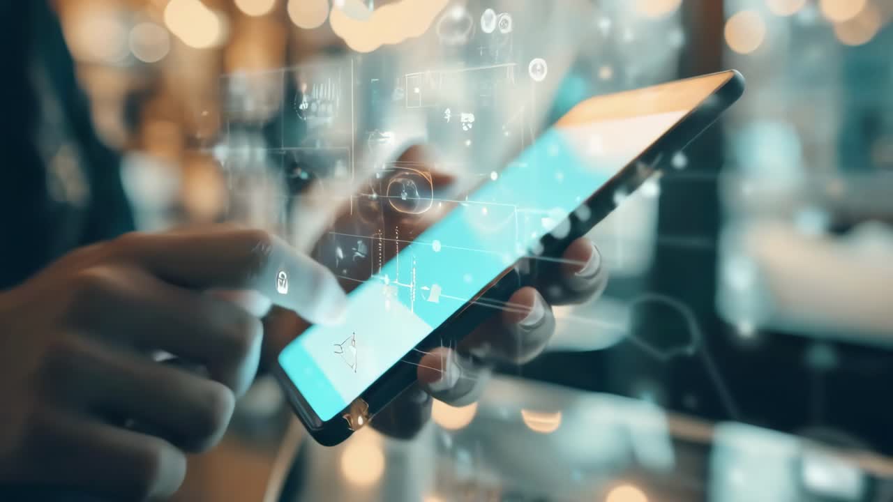 Close-up angle of a hand interacting with a smartphone, overlayed with digital icons
