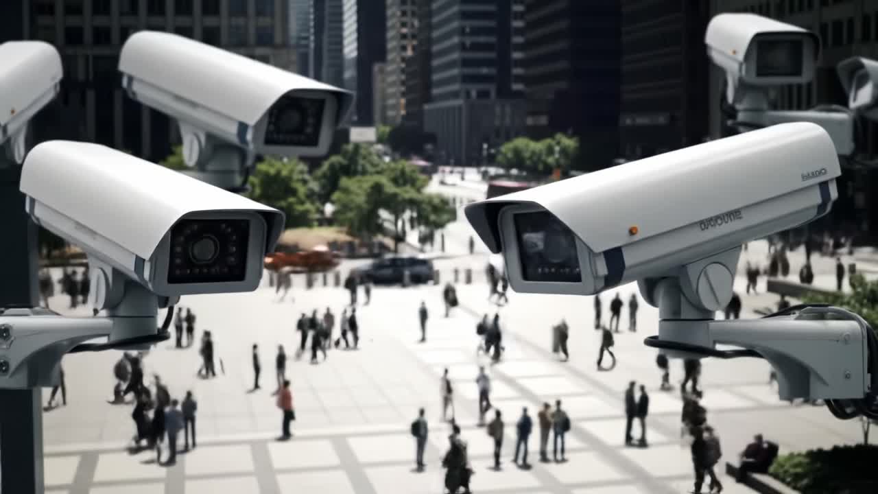 A Busy Urban Scene Monitored by Security Cameras, Highlighting Modern Surveillance Technology in an Active Public Space with People and City Life
