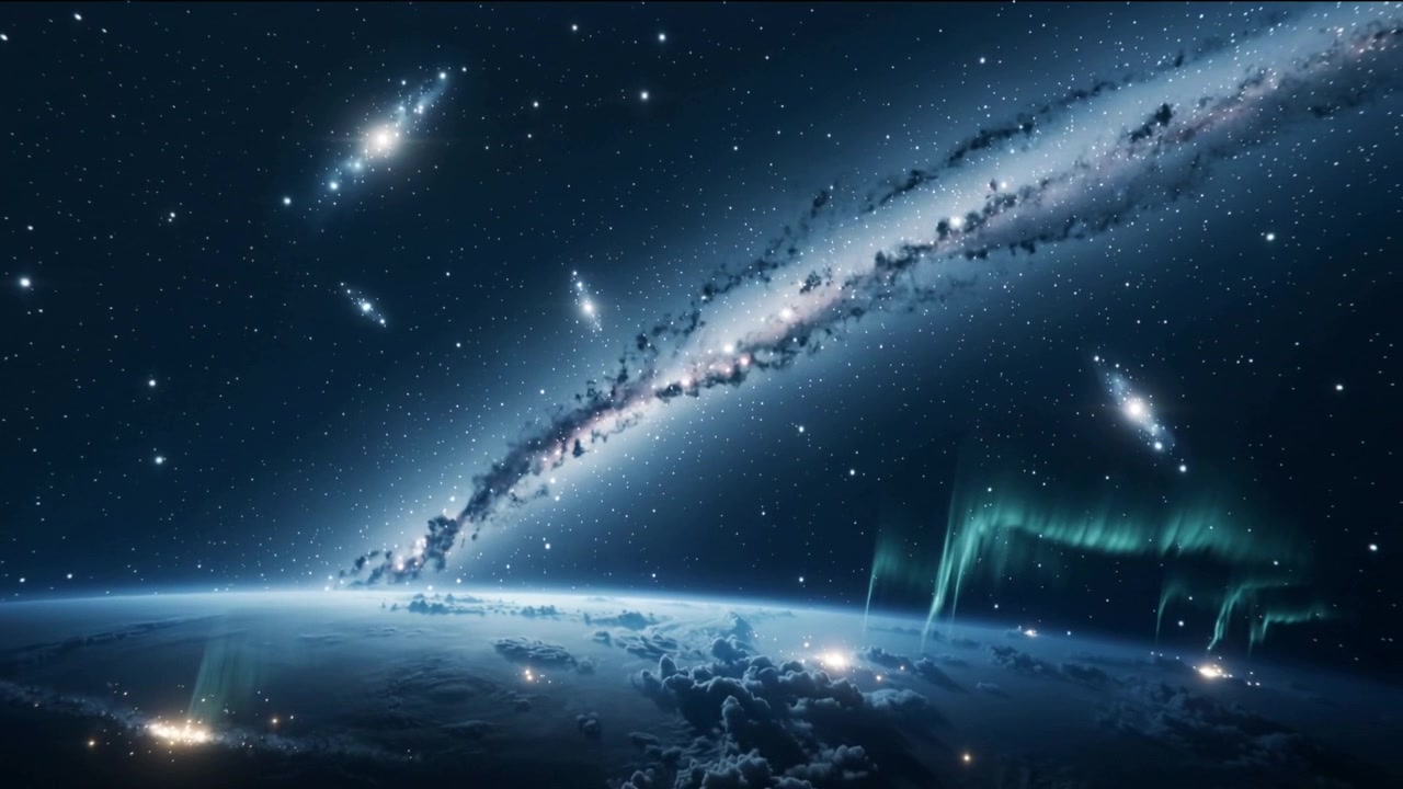 Panning camera showing curved planetary limb over clouds, revealing galactic band and auroras