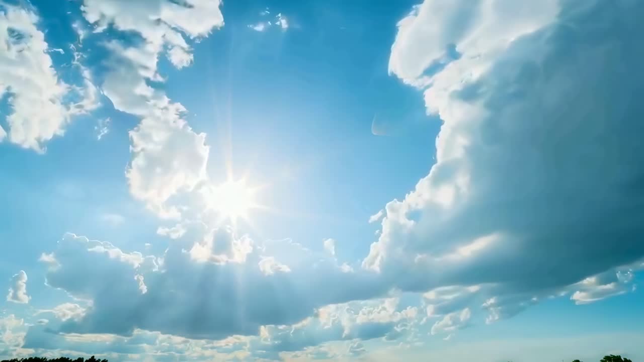 Un video grandangolare che cattura un cielo vibrante con nuvole drammatiche e la luce del sole che fa capolino