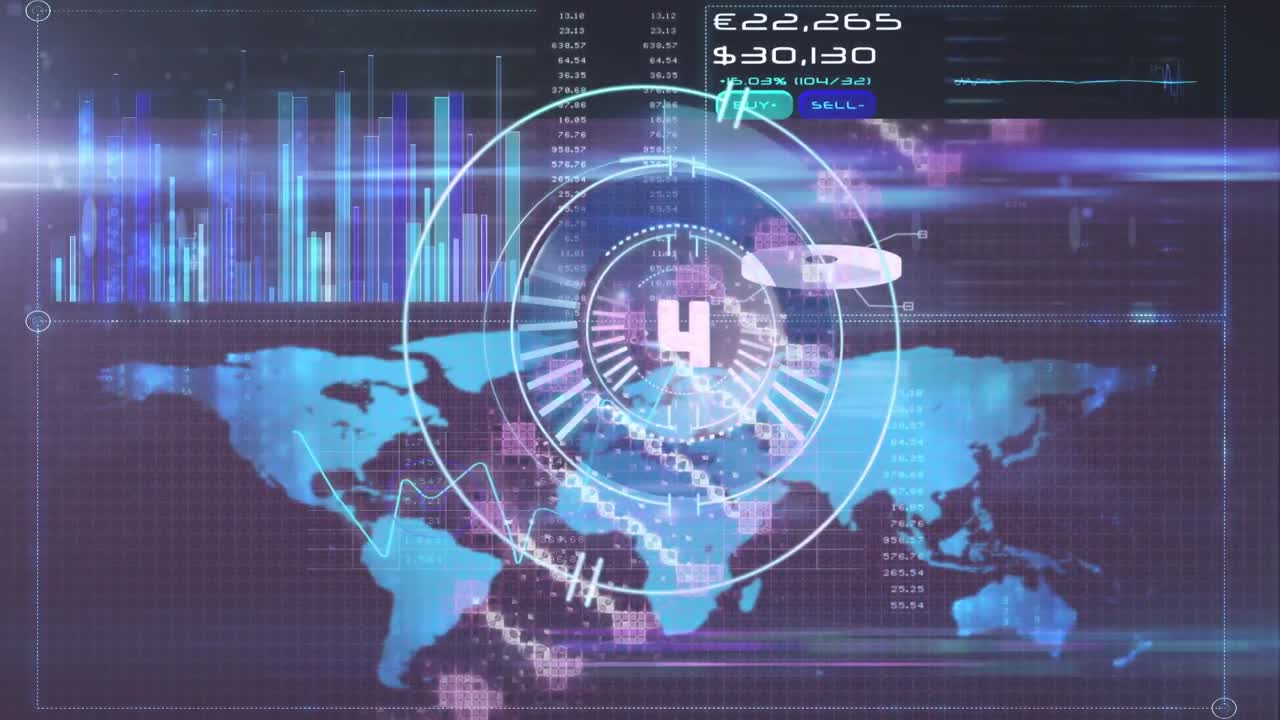 animación de escaneo de alcance con mapa del mundo y procesamiento de datos en pantalla