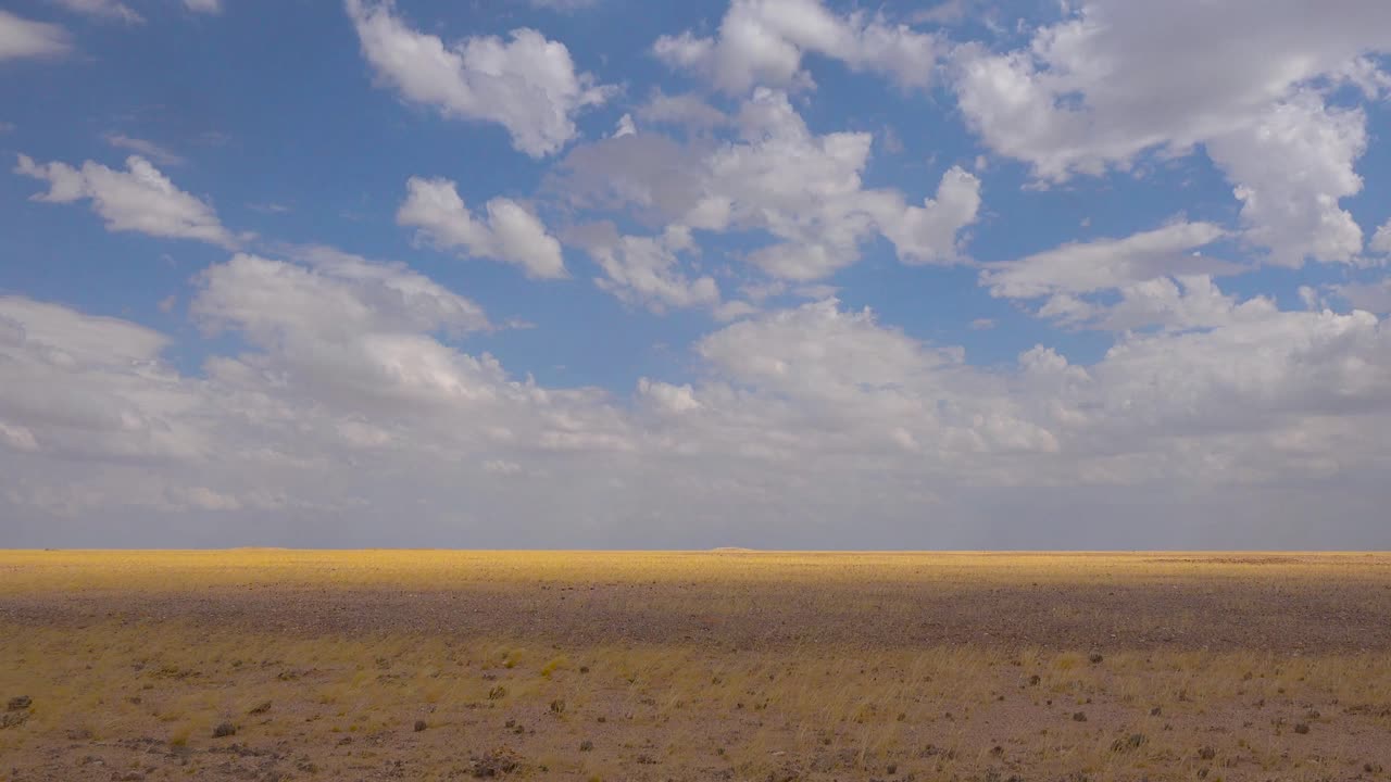 Timelapse af skyer, der bevæger sig over Namibias golde græsarealer og savannesletter.