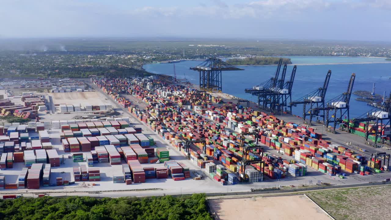 Aeial panoramic view of Caucedo dock and quay. Sky for copyspace