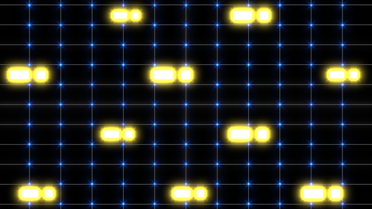 검은색 배경에 파란색과 노란색 점의 빛나는 격자