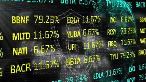 Animación-Del-Procesamiento-De-Datos-Sobre-El-Icono-De-Un-Candado-Y-Un-Globo-Terráqueo-Sobre-Fondo-Negro