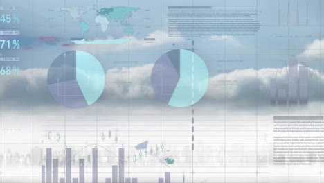 animación de cartas que procesan datos sobre el cielo nublado y el paisaje urbano