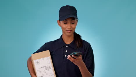 Happy-woman,-delivery-and-box-with-pos-machine