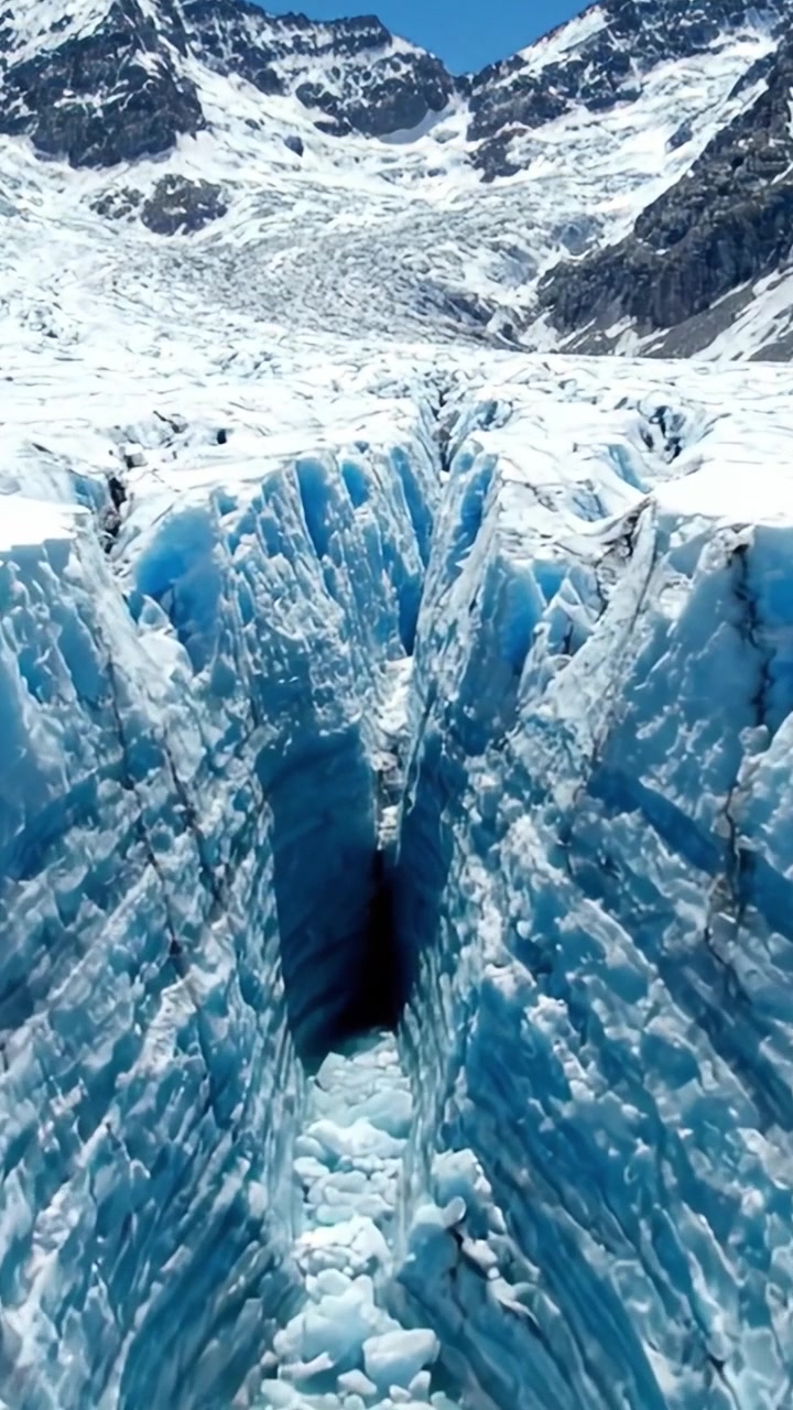 Uno splendido crepaccio glaciale che rivela ghiaccio blu profondo tra maestose montagne innevate sotto un cielo azzurro limpido, mostrando le meraviglie ghiacciate della natura.