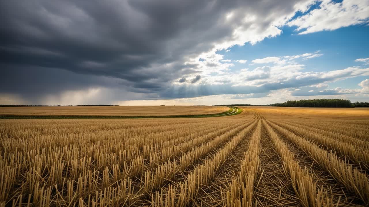Dramatic Skies Over Golden Fields: A Captivating View of Nature's Contrasts in a Vast Agricultural Landscape