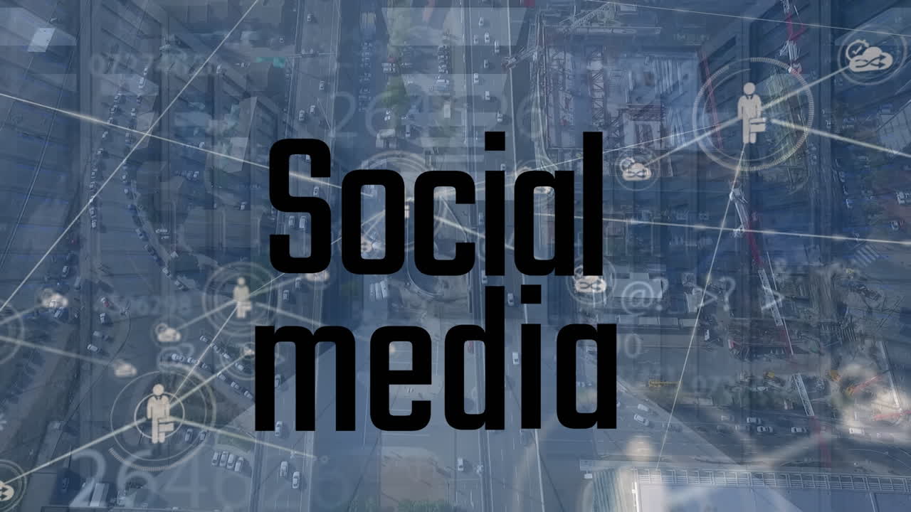 도시 풍경과 디지털 인터페이스에 대한 연결 네트워크와 소셜 미디어 텍스트의 애니메이션