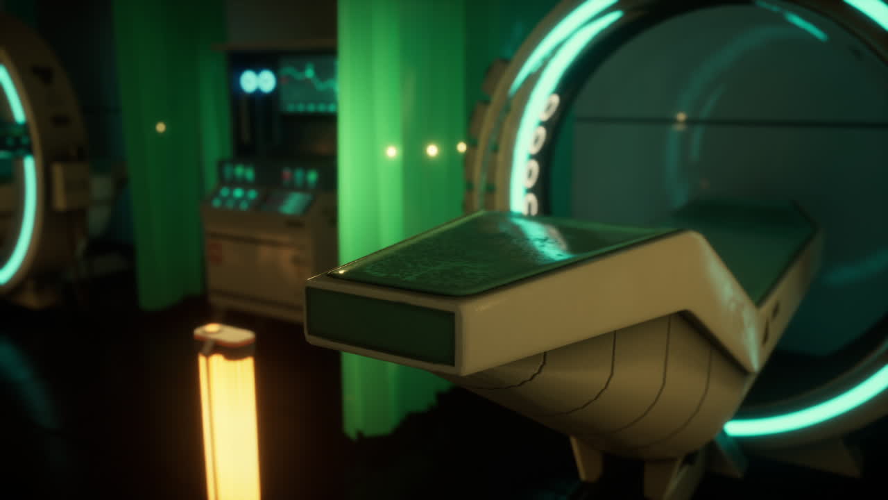 Futuristic hospital with advanced surgical equipment and glowing elements