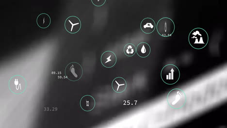 abstract animation with various icons and numerical data over blurred background