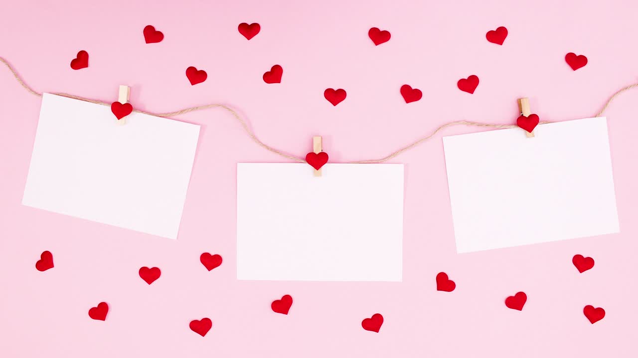 핑크 테마의 런타인 데이 장식에 대한 텍스트와 로맨틱한 심장 세 개의 종이.