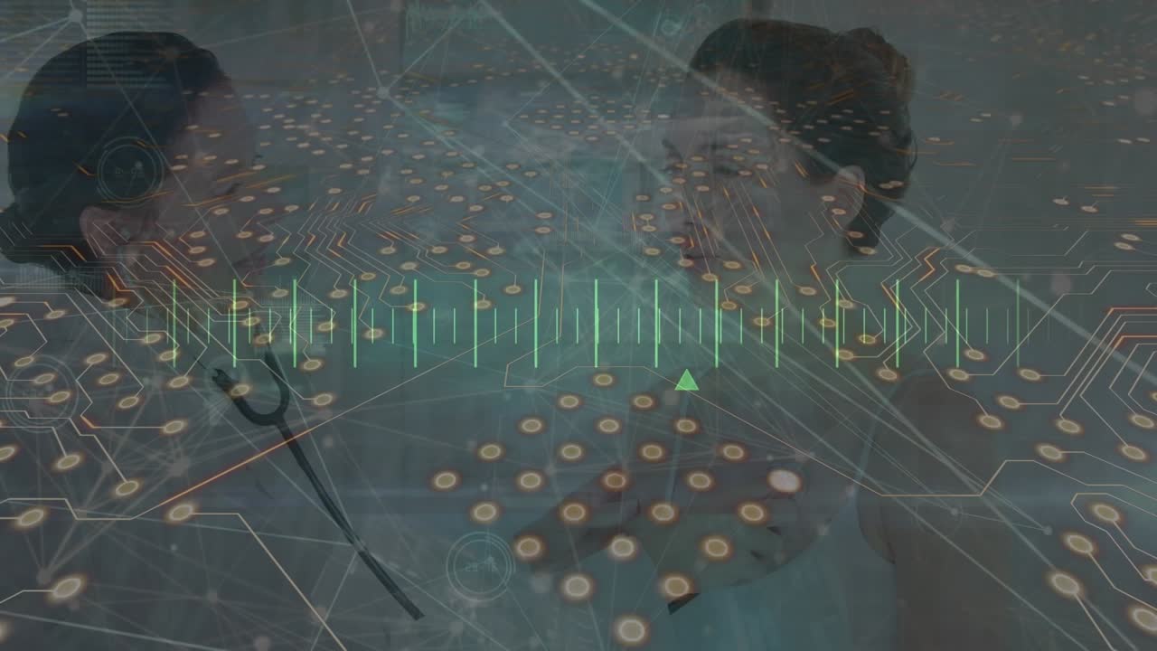 Animation of network of connections and computer circuit board over diverse doctor and patient
