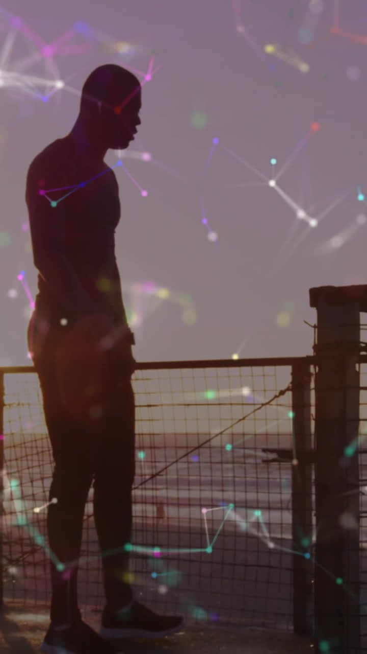 Animazione di rete di connessioni su un uomo afroamericano che corre