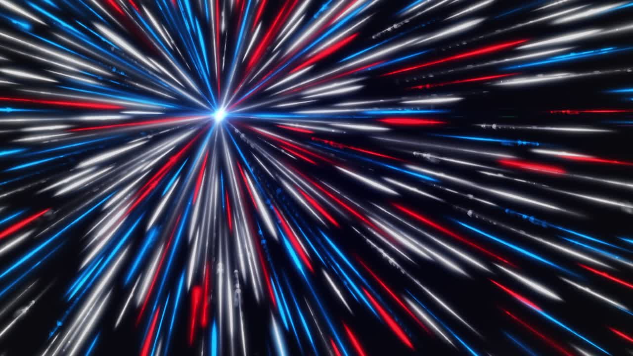 fondo cósmico creativo abstracto con una estrella azul extendiendo rayos coloridos, bucle sin costuras. animación. rayas brillantes que fluyen desde un punto a todos los lados en fondo negro.