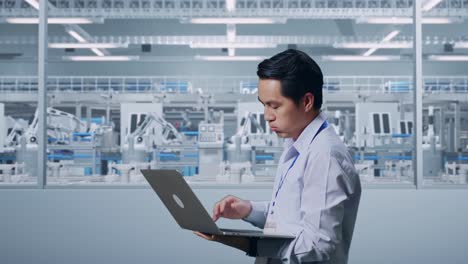 Side View Of An Asian Male Professional Worker Use Laptop At Factory Digitalization,  He Is Nodding His Head With Dissapionted