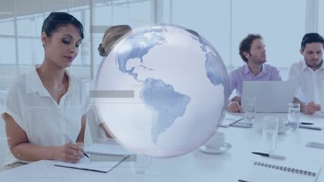 animation of rotating globe and data processing over business colleagues talking in office meeting