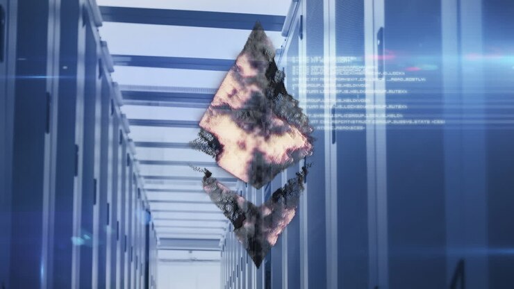 Animation of ethereum symbol over server room