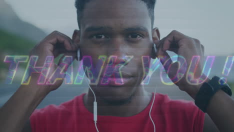 animation of thank you text over african american sportsman wearing earphones