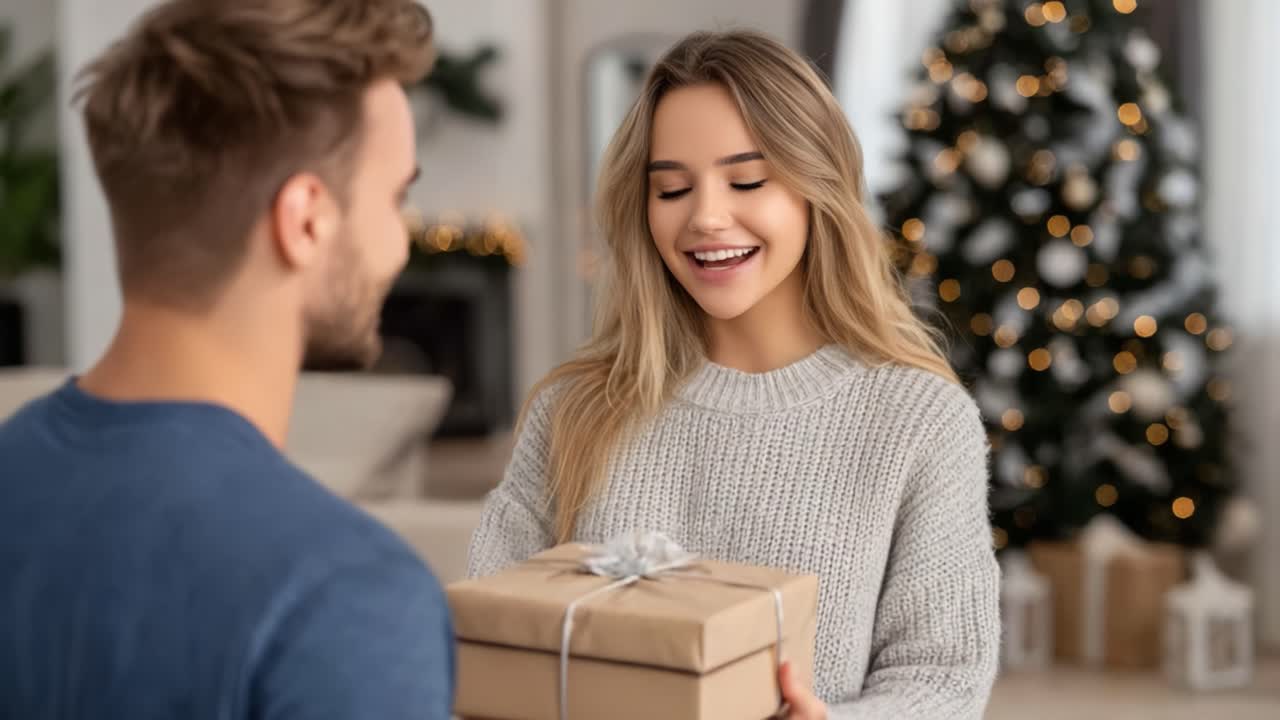 A Joyful Exchange: A Happy Surprise as a Woman Presents a Gift to a Smiling Man in a Cozy Holiday Setting with a Decorated Tree