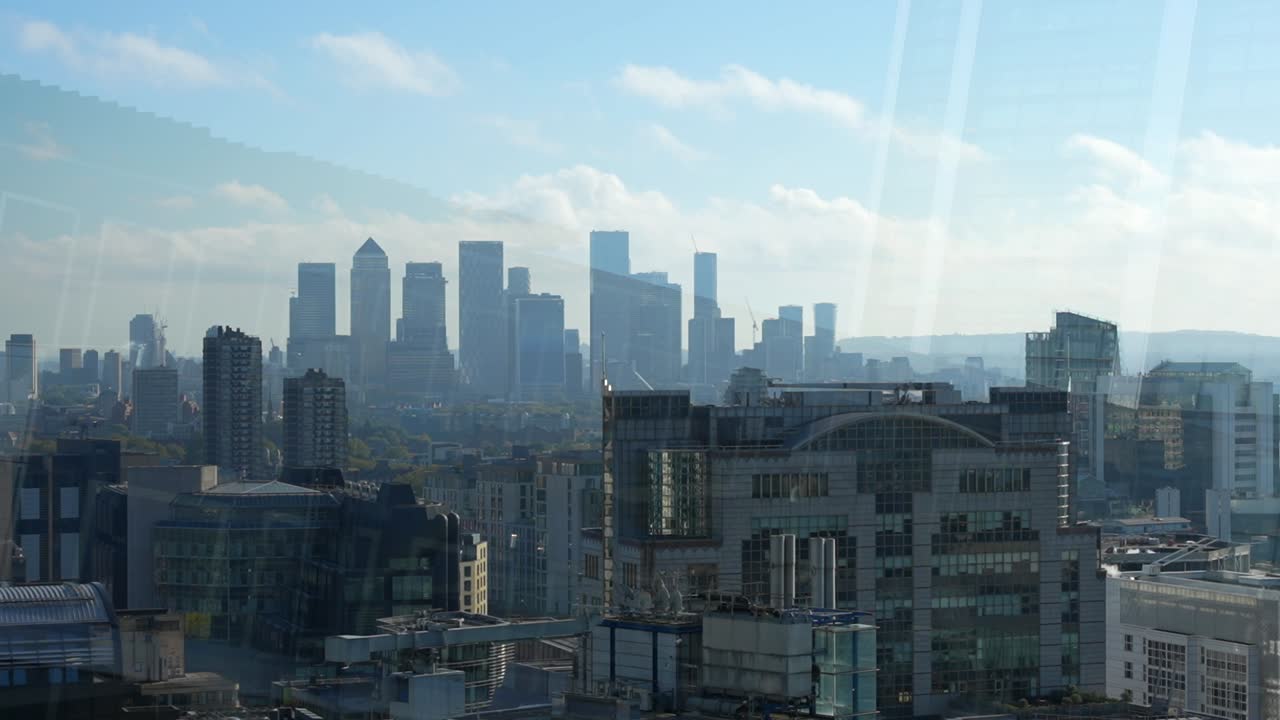 Urban skyline with towering Canary Wharf skyscrapers in London, UK and modern architecture