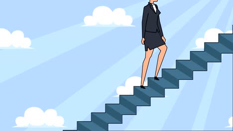 flat cartoon businesswoman character goes up the career ladder stairs concept  animation