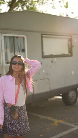 woman in pink shirt near a camper van