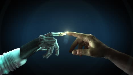 High-quality-3D-CGI-of-a-robot-arm-reaching-out-and-touching-index-fingertips-with-a-human-hand-and-activating-a-bright-pinpoint-of-flickering-light-with-bright-halo-effect,-in-teal-color-scheme