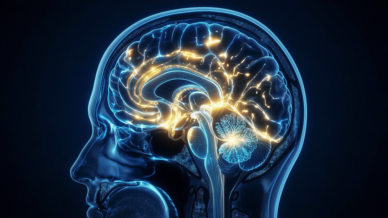 Human brain and nervous system activity glowing inside head with electrical signals moving through neural pathways