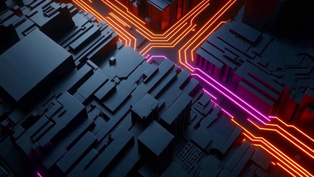Dynamic Digital Network with Glowing Orange and Magenta Lines
