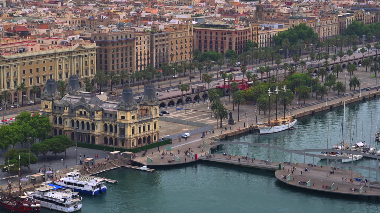 Aerial drone view of the Junta d'Obres del Port building in Barcelona, Spain in the evening
