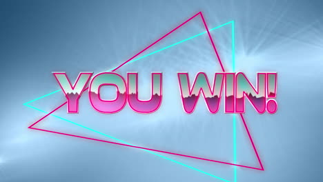 digital animation of you win text over neon triangles against spots of light on blue background
