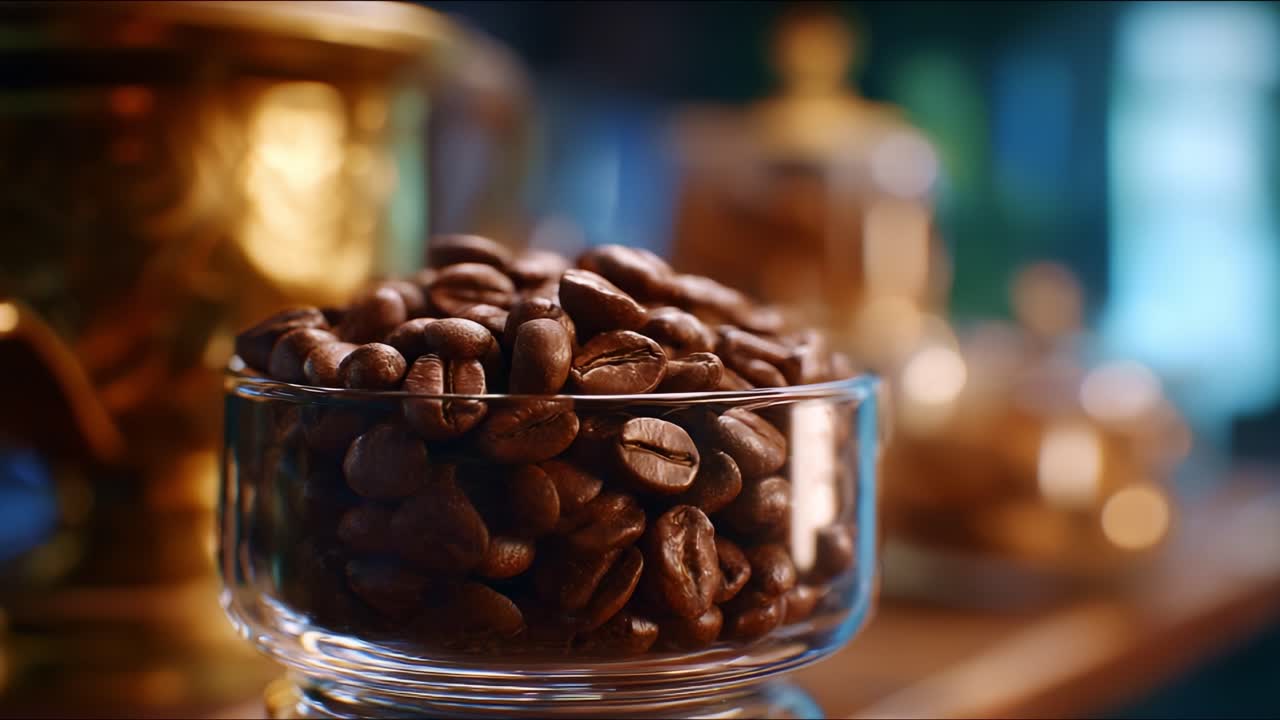 Primo piano di chicchi di caffè lucidi esposti in una ciotola di vetro, circondati da eleganti accessori dorati in un ambiente accogliente