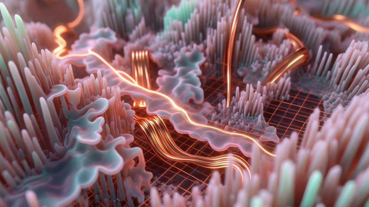 Abstract 3D Digital Landscape with Glowing Orange Data Streams