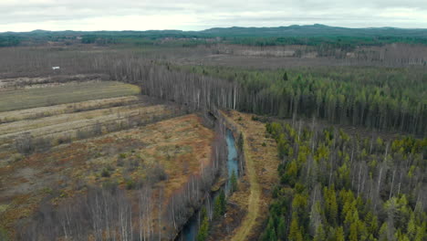 Aerial,-tilt-out,-drone-shot,-away-from-a-river,-surrounded-by-leafless,-autumn-forest-and-fields,-on-a-cold,-cloudy,-fall-day,-in-Juuka,-Pohjois-Karjala,-Finland