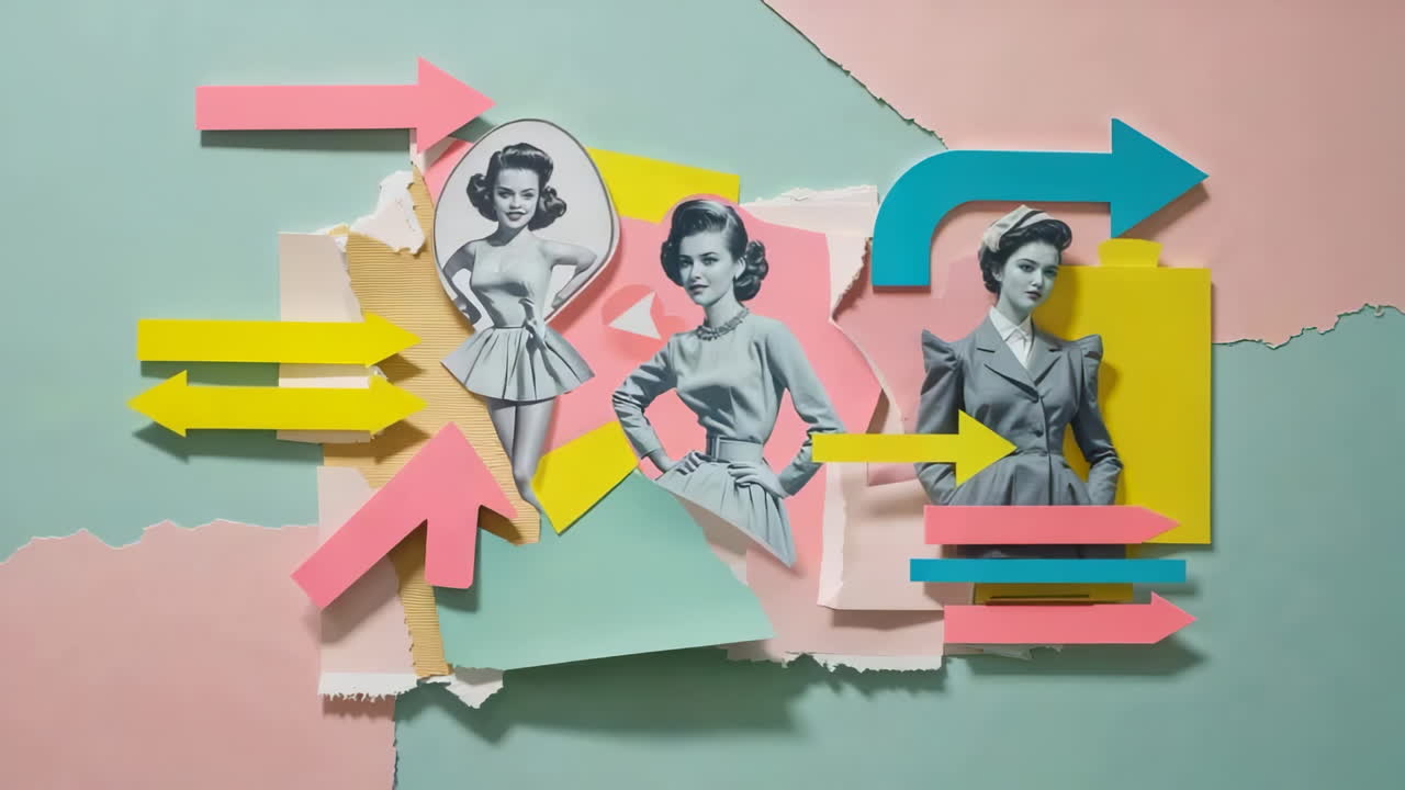 Retro Pop Art Collage of Women with Arrows and Pastel Background
