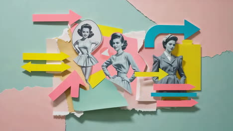 retro pop art collage of women with arrows and pastel background