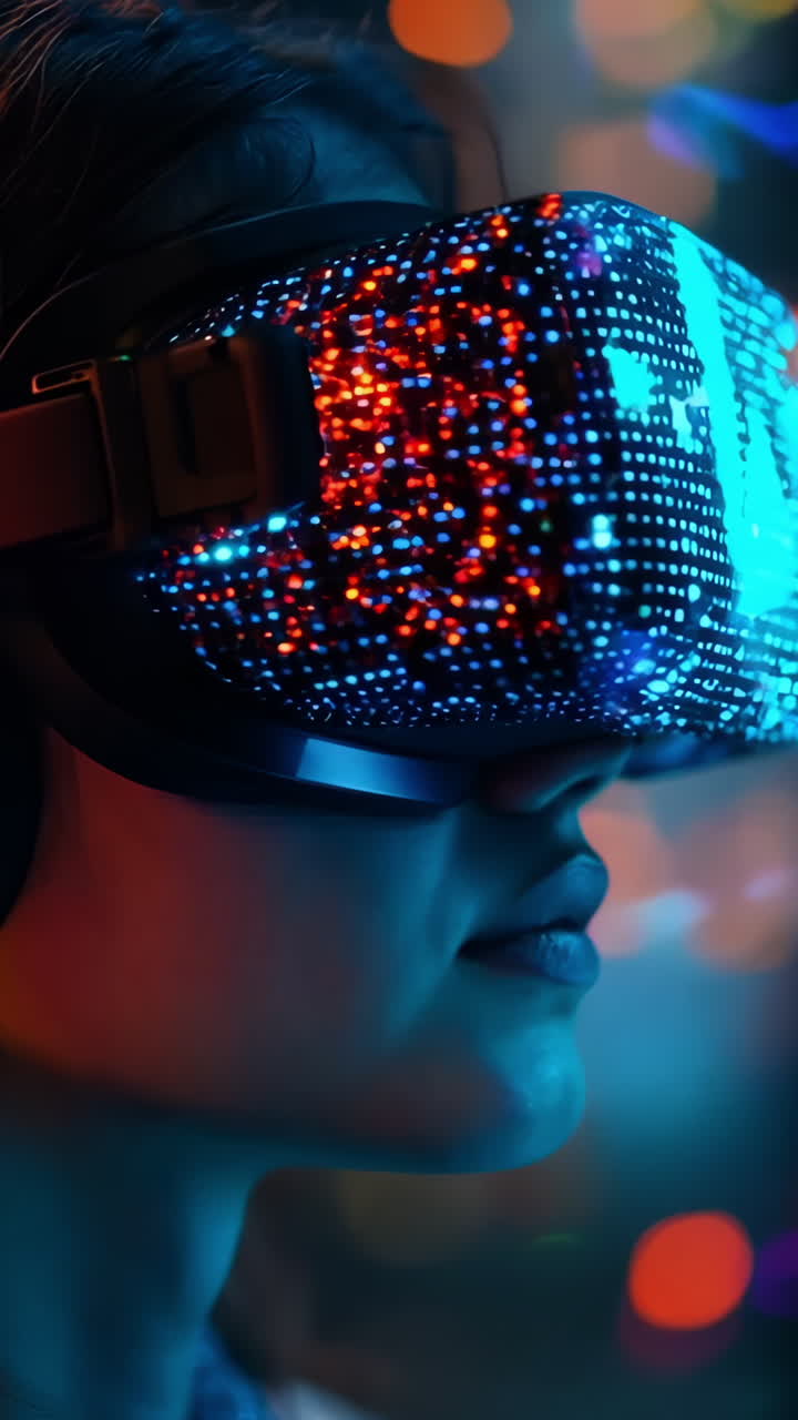 A woman is wearing a virtual reality headset, looking into the camera. The image captures the excitement and immersion of virtual reality technology