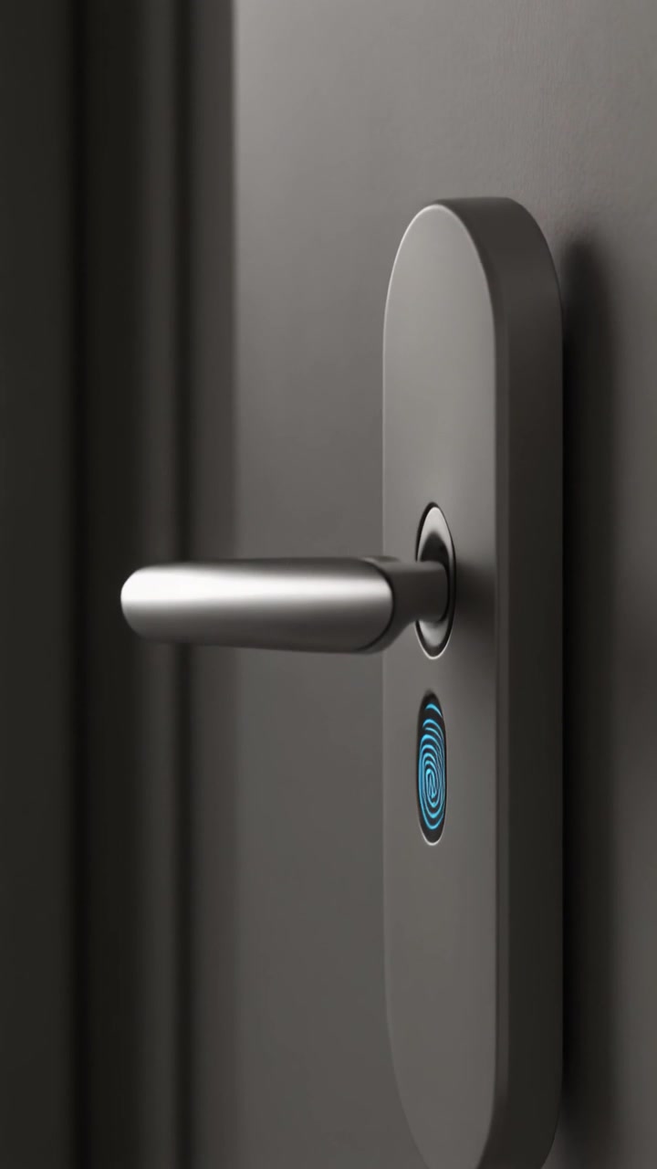 Matte grey smart door handle with illuminated blue fingerprint scanner icon on grey door