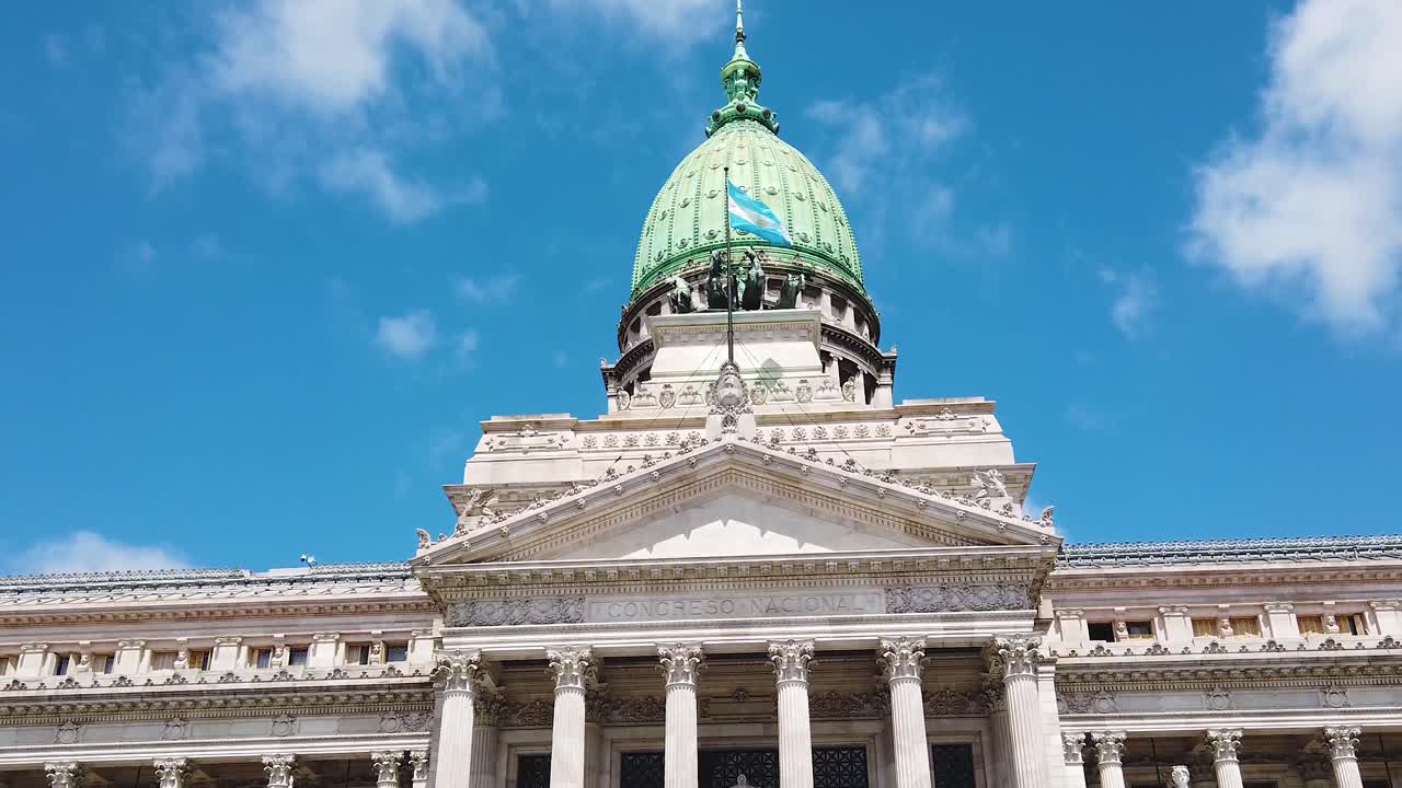 Congress of Argentine nation, Flag over blue skyline, south American building landmark, Establisher