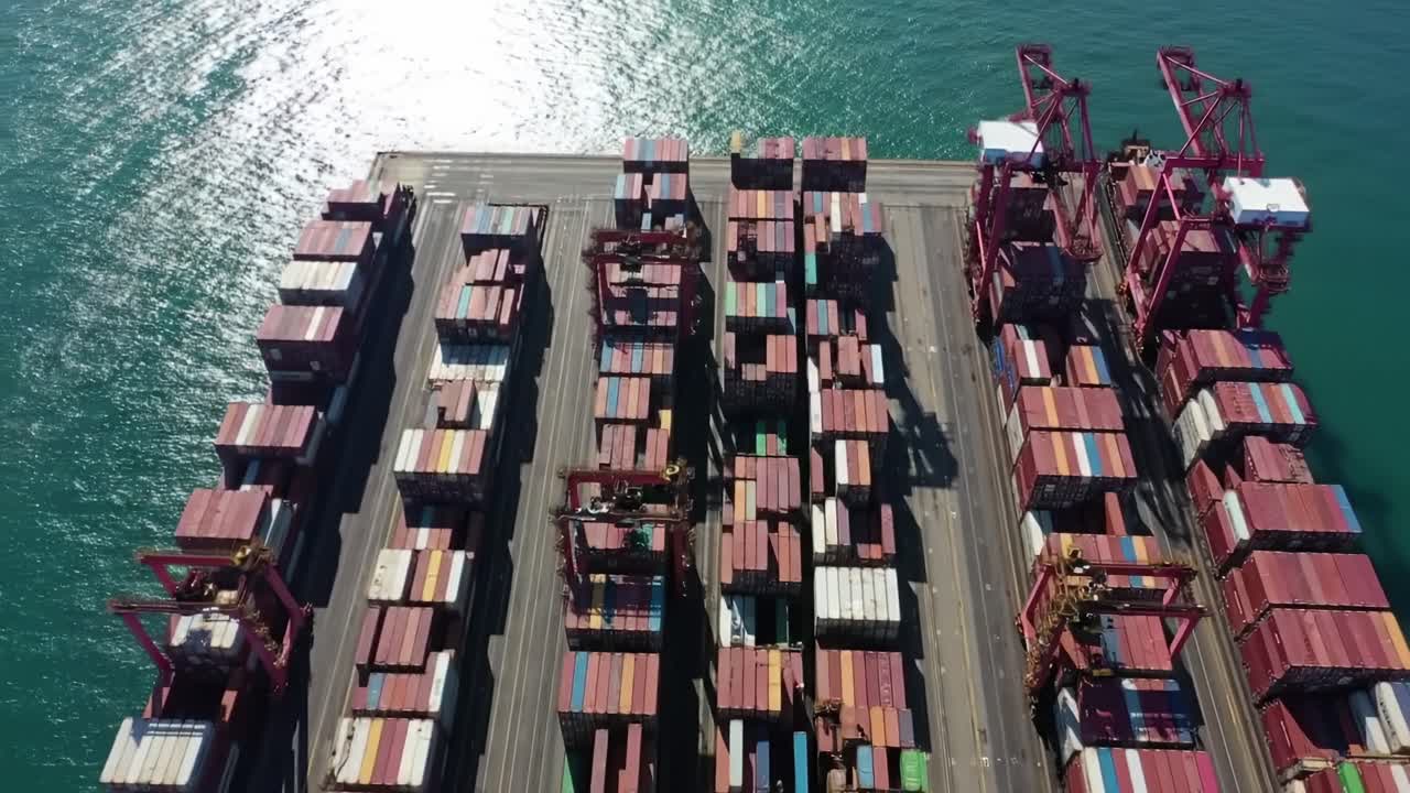 Explore the vibrant activity at a major container port in North America. Cranes load and unload colorful cargo containers throughout the busy day, showcasing the logistical hub's efficiency.
