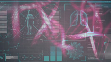 la ilustración digital fusiona los datos de covid-19 con las imágenes de adn humano.