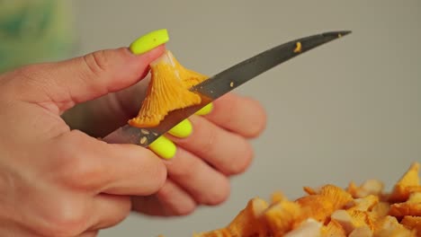 detailed side close-up of mushroom sliced slowly by hand with bright nails