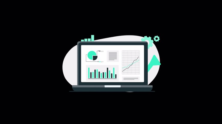 Animated Laptop Displaying Data Analysis and Business Growth